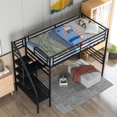 Mod Black Twin Size Metal Loft Bed with Desk and Stairs