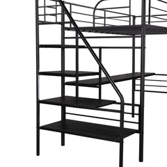 Mod Black Twin Size Metal Loft Bed with Desk and Stairs