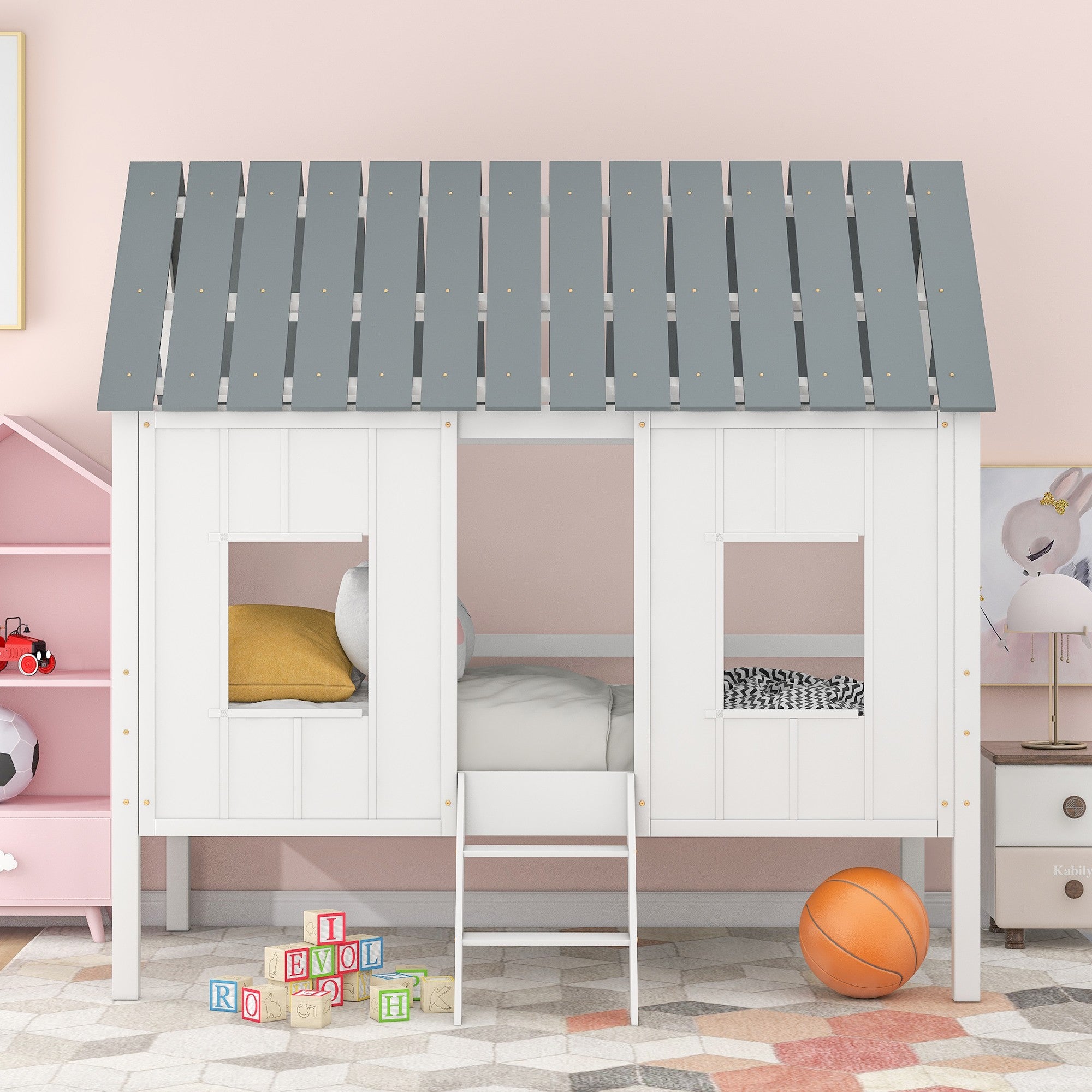 Playhouse with Windows and Roof White Twin Size Low Loft Bed