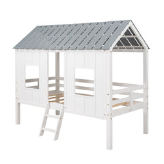 Playhouse with Windows and Roof White Twin Size Low Loft Bed