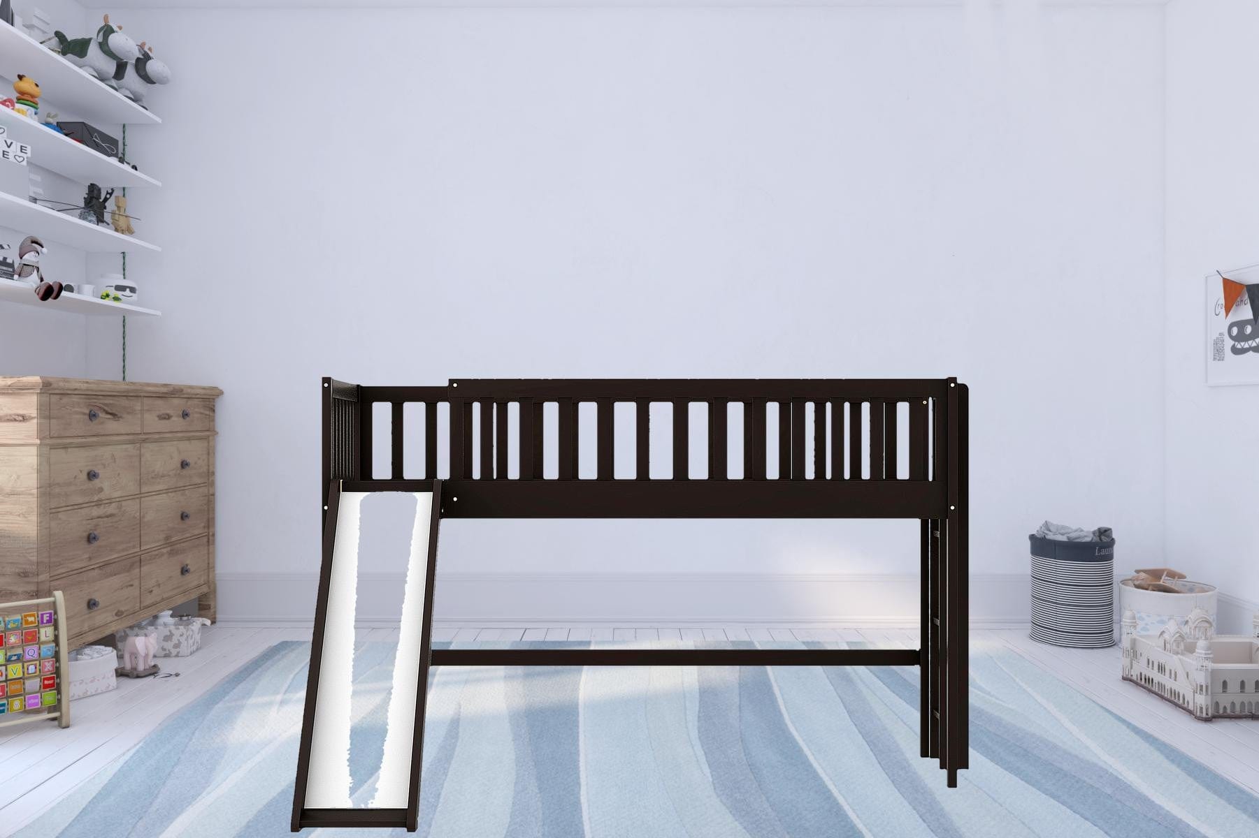 Dark Brown Twin Size Loft Bed with Slide - Homeroots