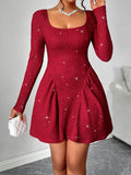 Backless Glitter Square Neck Long Sleeve Mini Dress - Trendsi