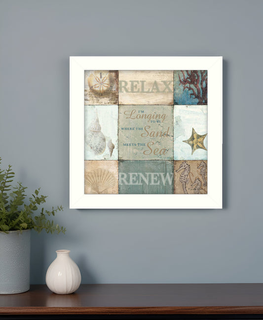 Sand and Sea White Framed Print Wall Art