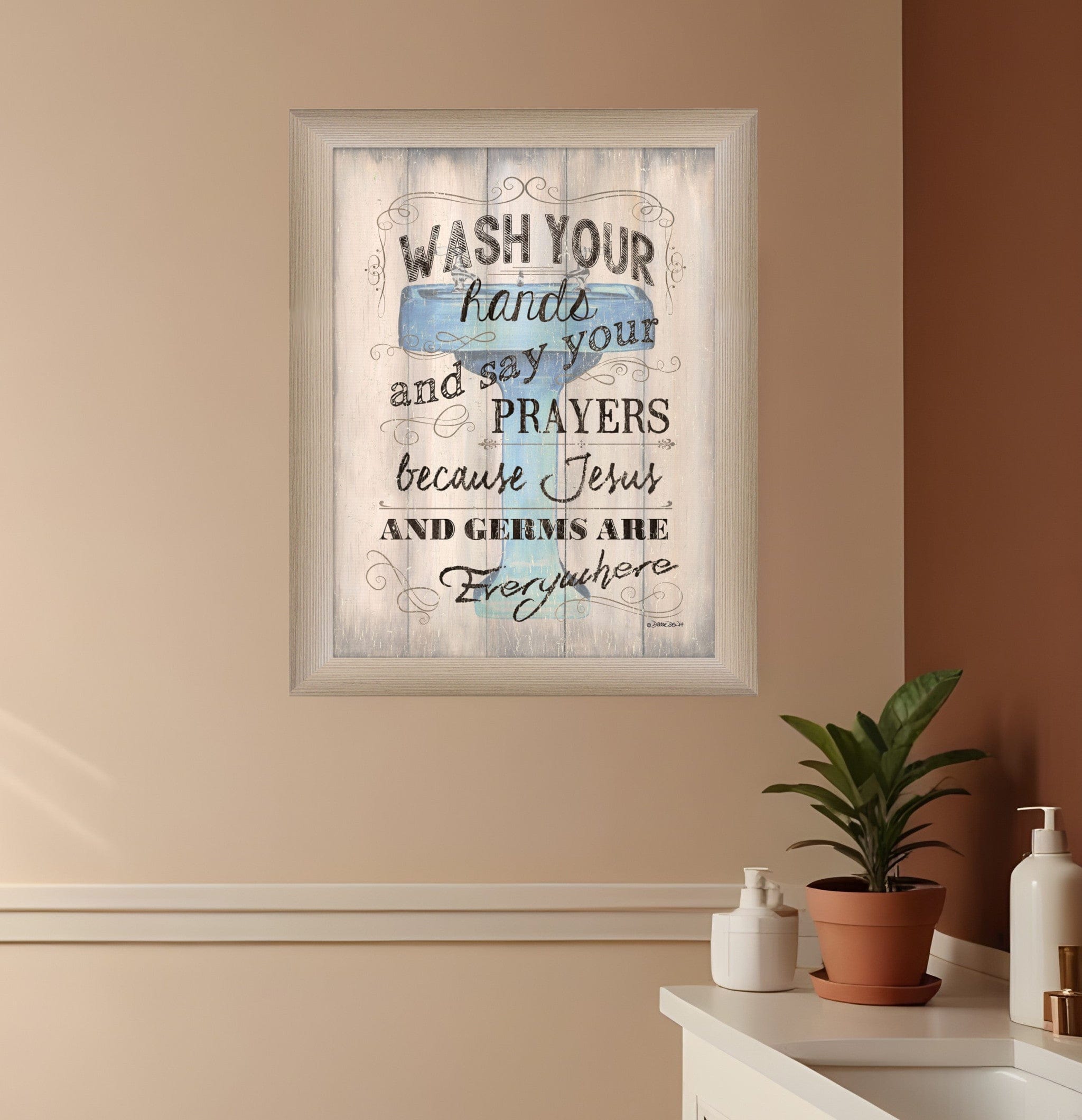 Wash your Hands 3 Brown Framed Print Bathroom Wall Art