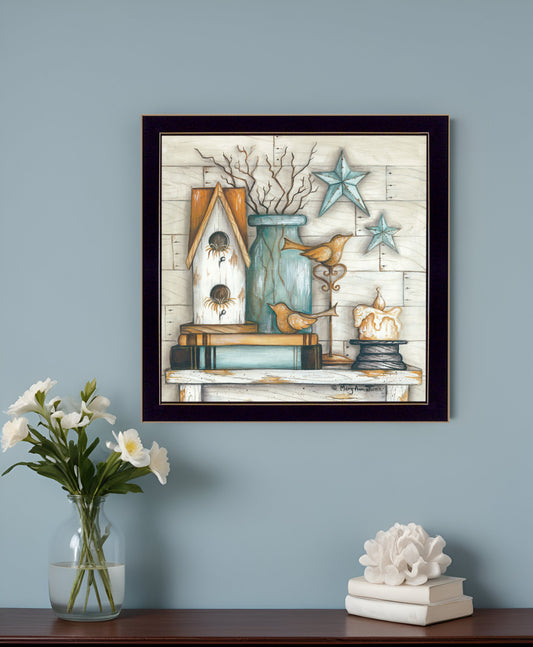 Birdhouse on Books 1 Black Framed Print Wall Art