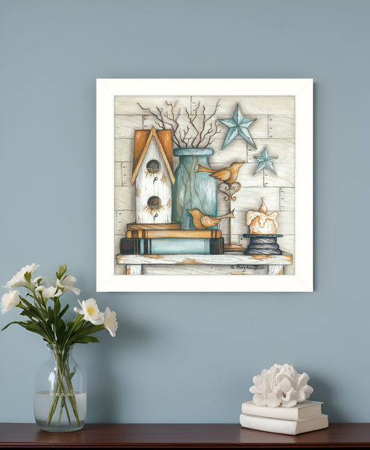 Birdhouse on Books 2 White Framed Print Wall Art