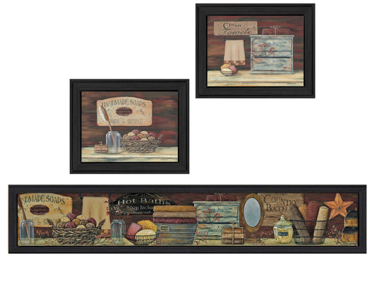 Set Of Three Country Bath II Collection 1 Black Framed Print Bathroom Wall Art