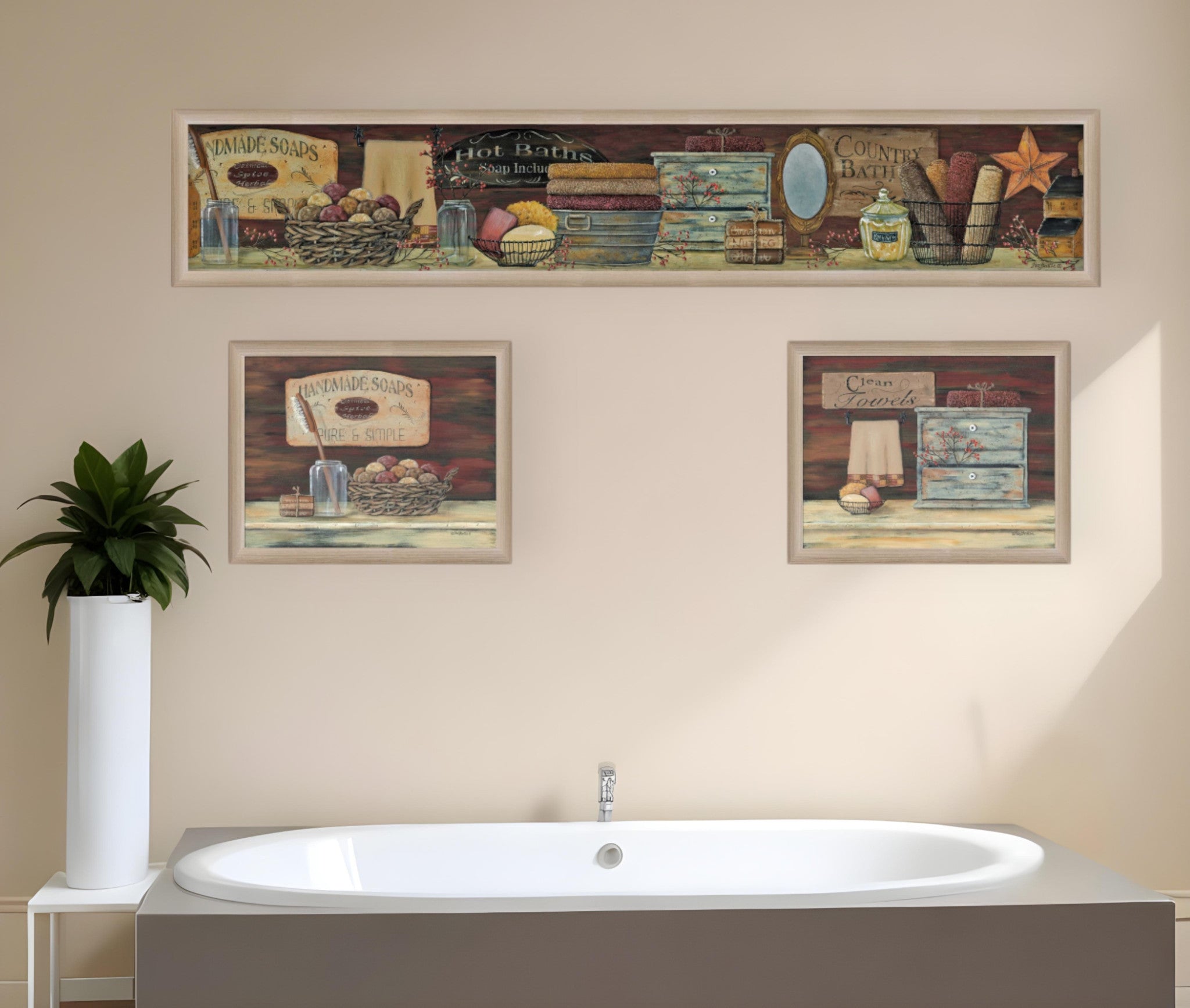 Set Of Three Country Bath I 2 Brown Framed Print Bathroom Wall Art