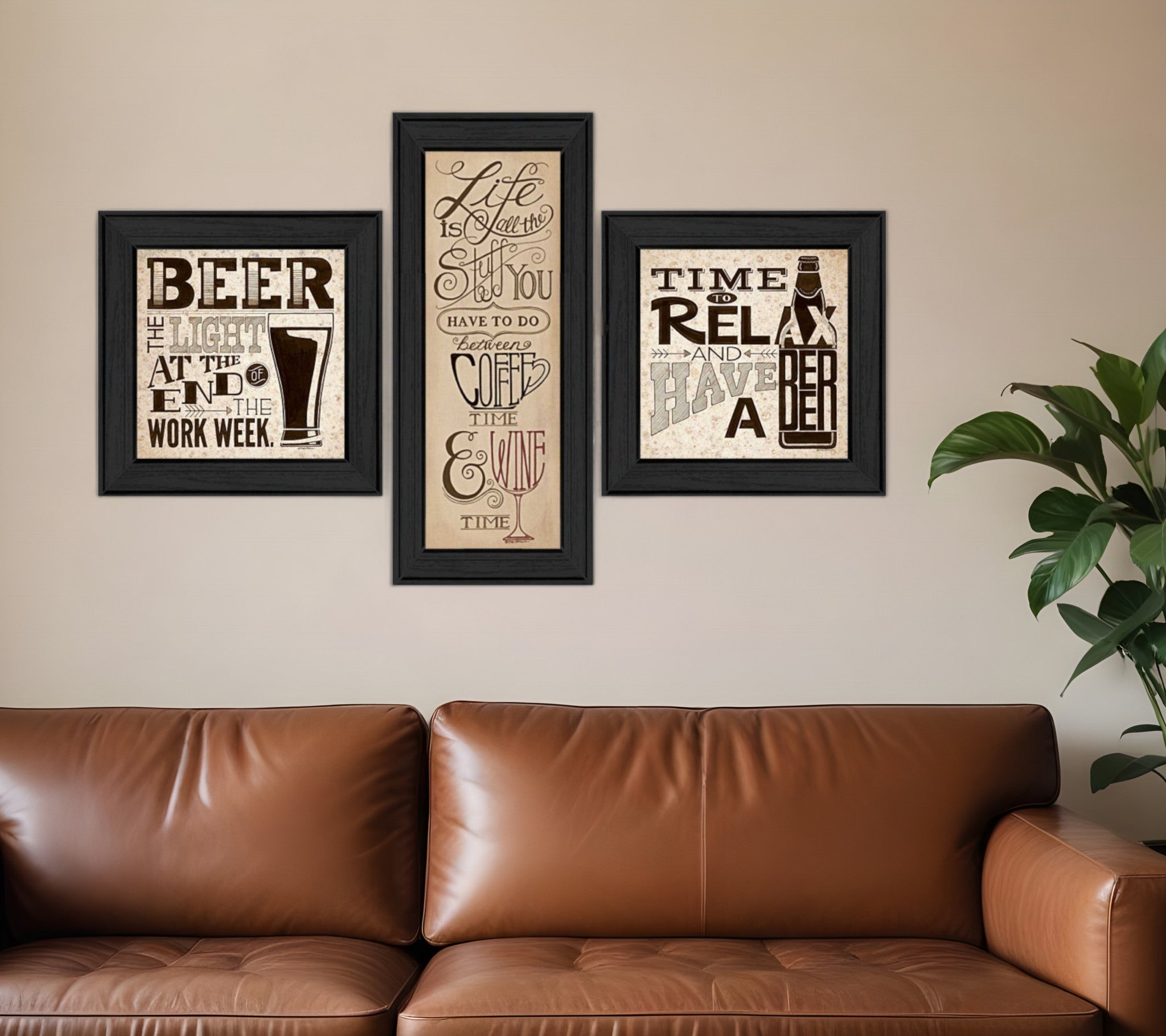 Set Of Three Beer Time Black Framed Print Wall Art