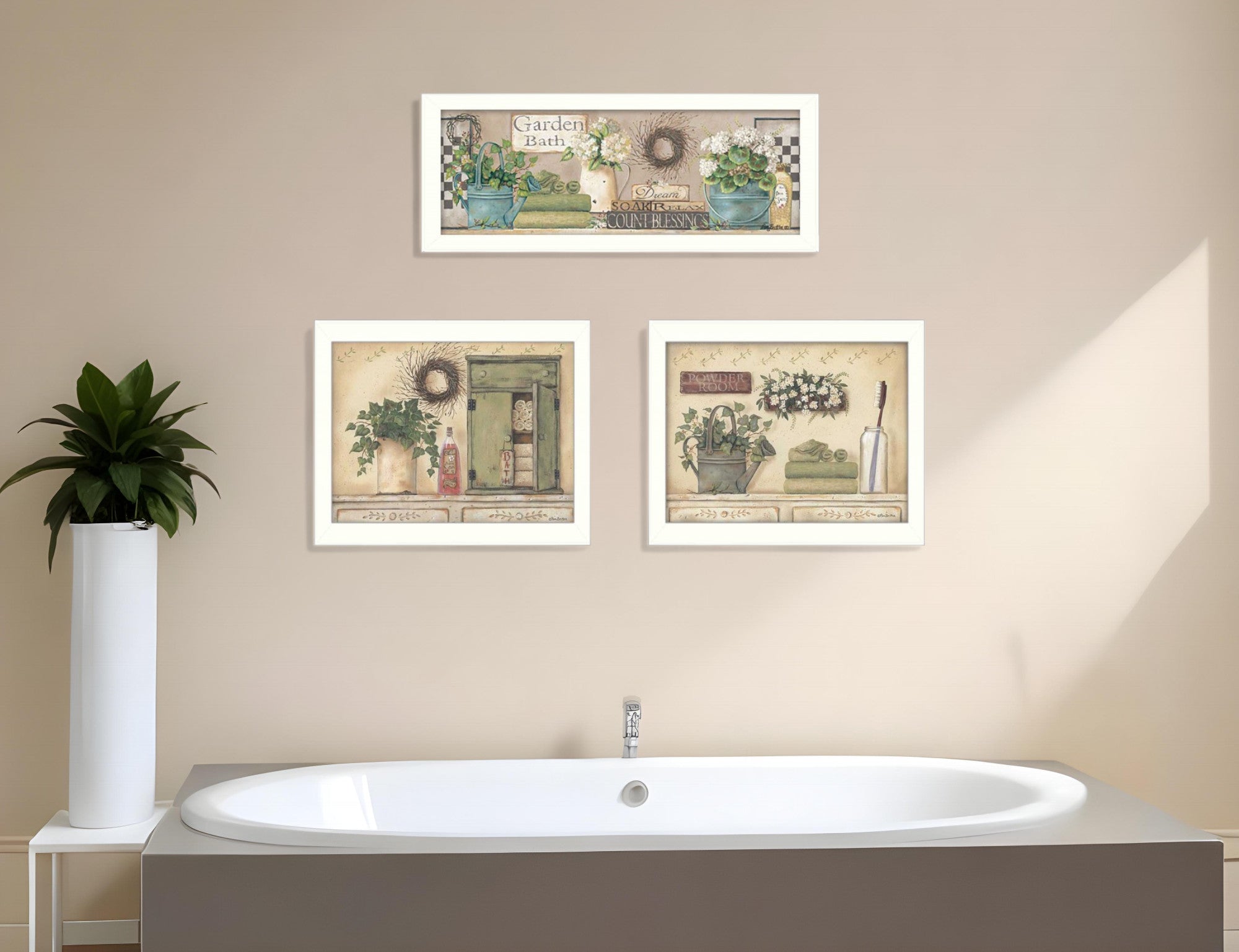 Set Of Three Garden Bath 1 White Framed Print Bathroom Wall Art