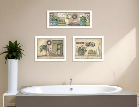 Set Of Three Garden Bath 1 White Framed Print Bathroom Wall Art