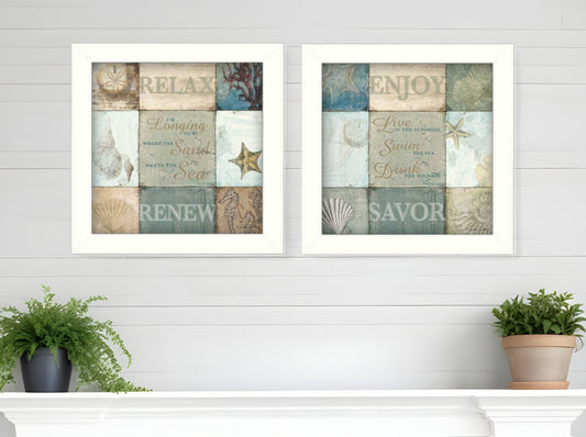 Set Of Two Sunshine Sand and Sea White Framed Print Wall Art