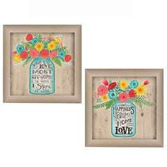 Set Of Two Mason Jar Floral Happiness at Home Brown Framed Print Wall Art