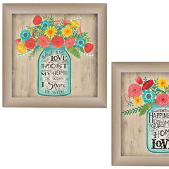 Set Of Two Mason Jar Floral Happiness at Home Brown Framed Print Wall Art