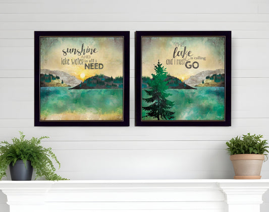 Set Of Two The Lake is Calling Black Framed Print Wall Art