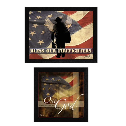 Set Of Two Firefighters One Nation Black Framed Print Wall Art