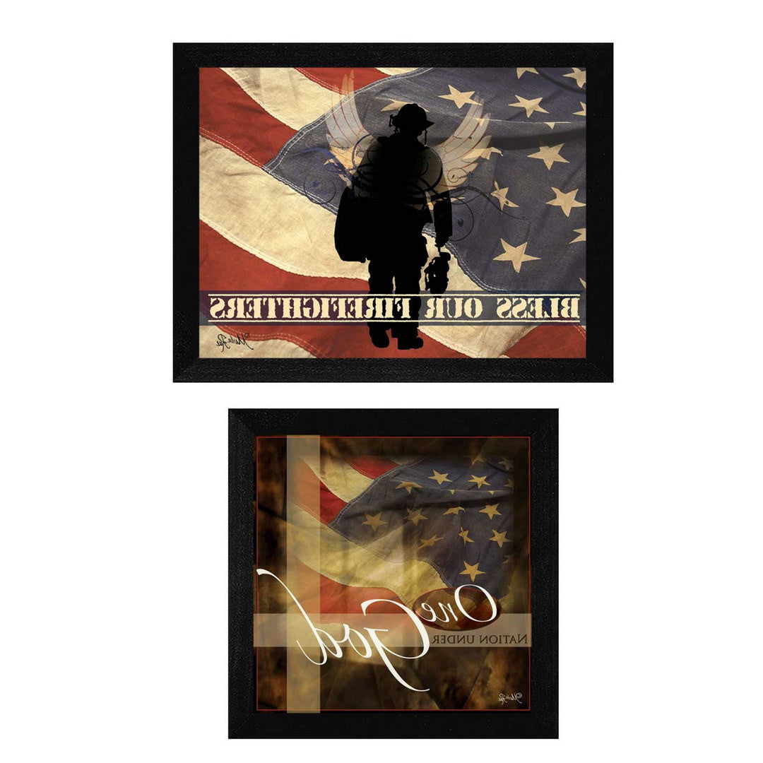 Set Of Two Firefighters One Nation Black Framed Print Wall Art