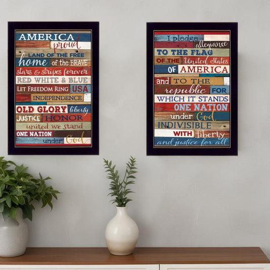 Set Of Two America Proud Faux Wood Plank Black Framed Print Wall Art