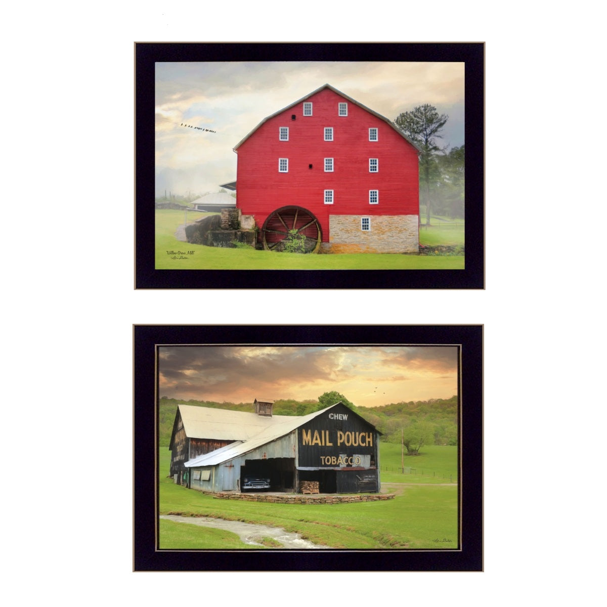 Set Of Two Mail Pouch Red Barn and Mill  Black Framed Print Wall Art