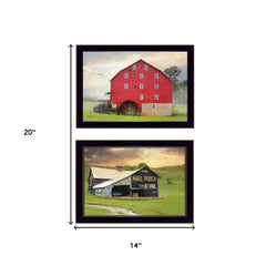 Set Of Two Mail Pouch Red Barn and Mill  Black Framed Print Wall Art