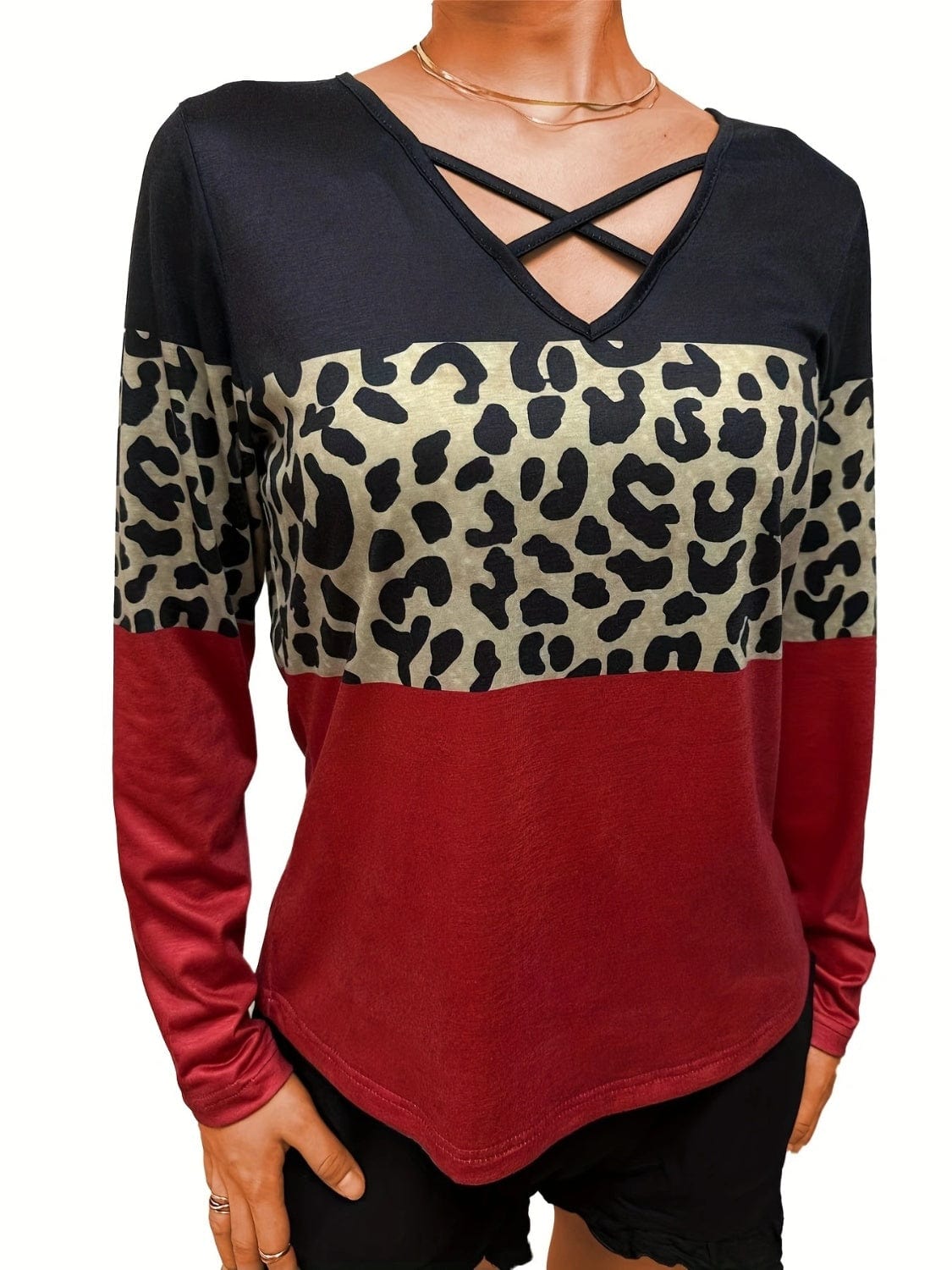 Crisscross Color Block Long Sleeve T-Shirt - Trendsi