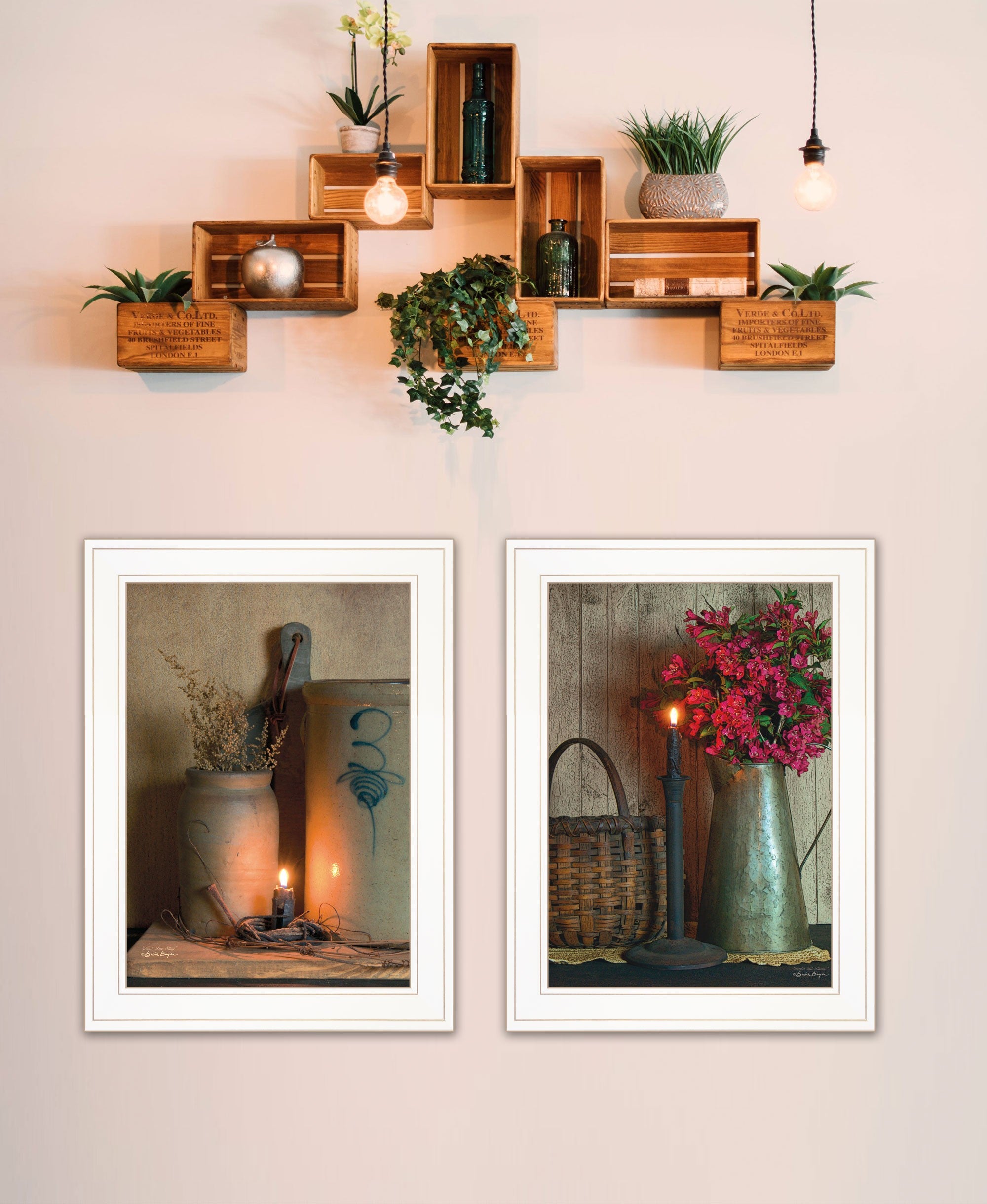 Set Of Two Country Candlelight White Framed Print Wall Art