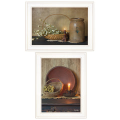 Set Of Two Candle Light and Flowers 1 White Framed Print Wall Art