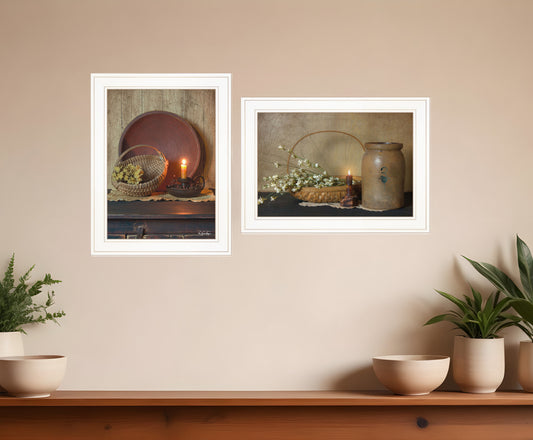 Set Of Two Candle Light and Flowers 1 White Framed Print Wall Art