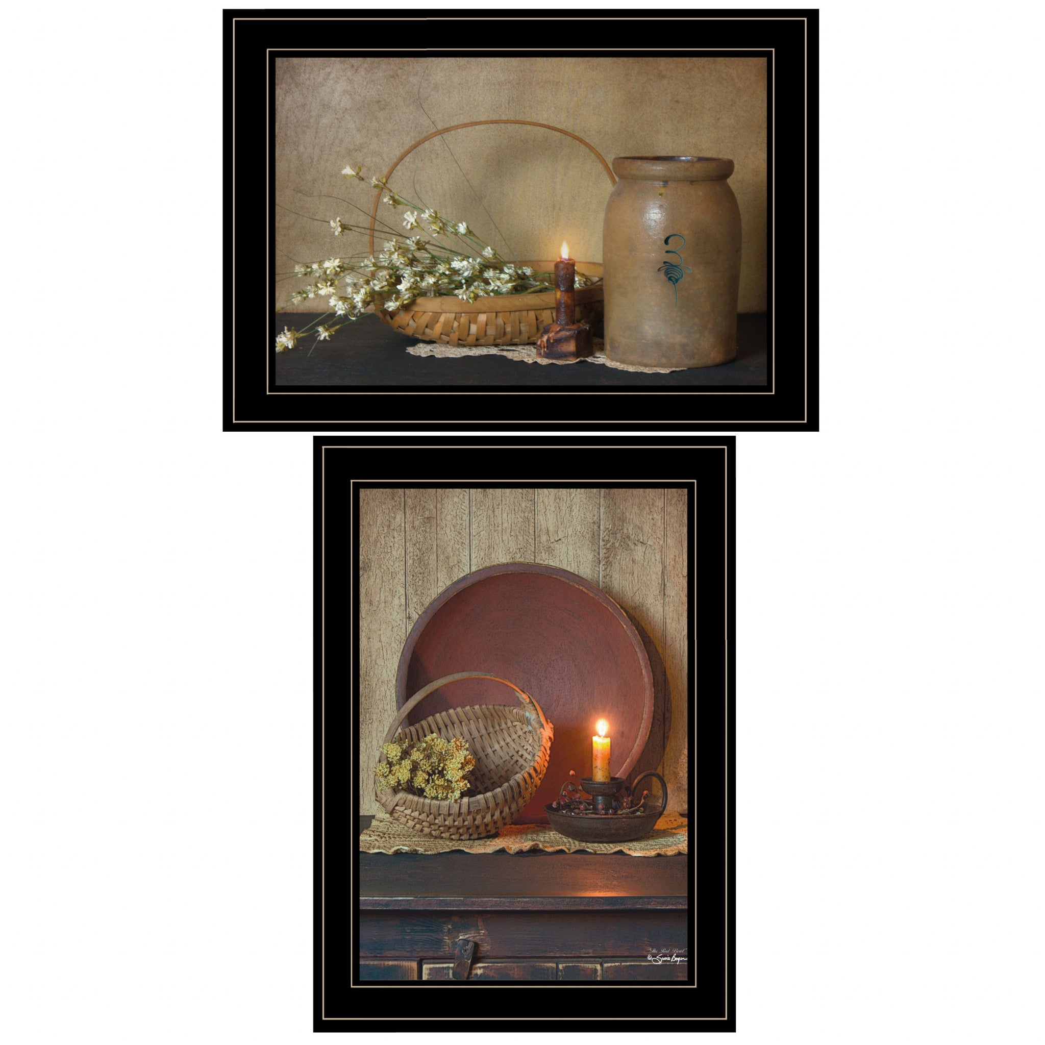 Set Of Two Candle Light and Flowers 2 Black Framed Print Wall Art