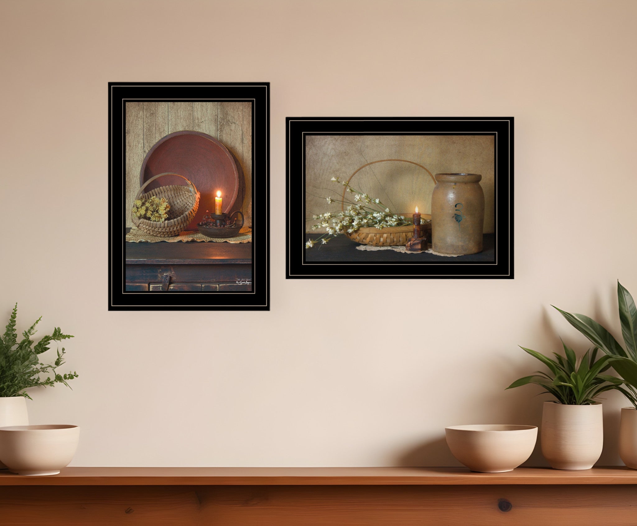 Set Of Two Candle Light and Flowers 2 Black Framed Print Wall Art