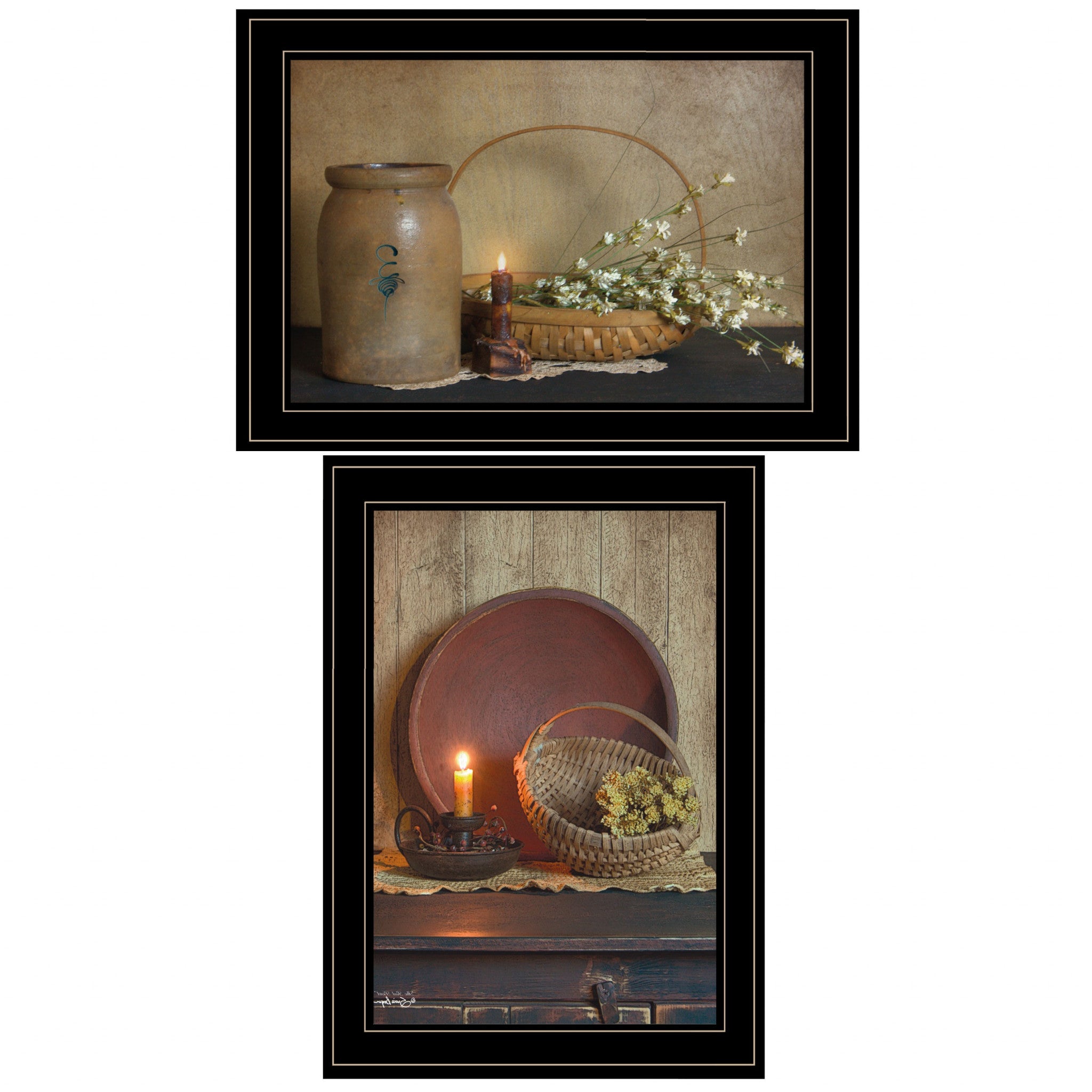 Set Of Two Candle Light and Flowers 2 Black Framed Print Wall Art