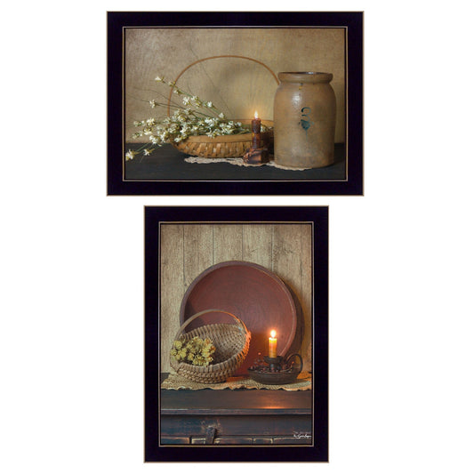 Set Of Two Candle Light and Flowers 3 Black Framed Print Wall Art - Homeroots