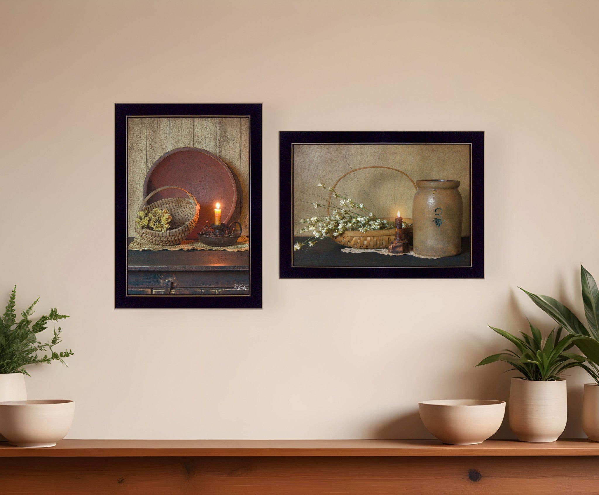 Set Of Two Candle Light and Flowers 3 Black Framed Print Wall Art - Homeroots