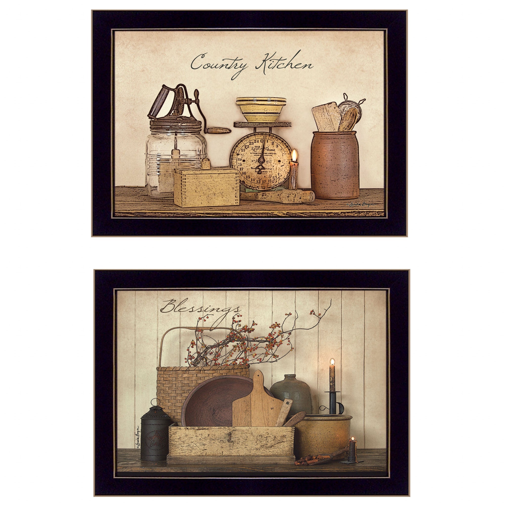 Set Of Two Candlelight and Flowers 3 Black Framed Print Wall Art