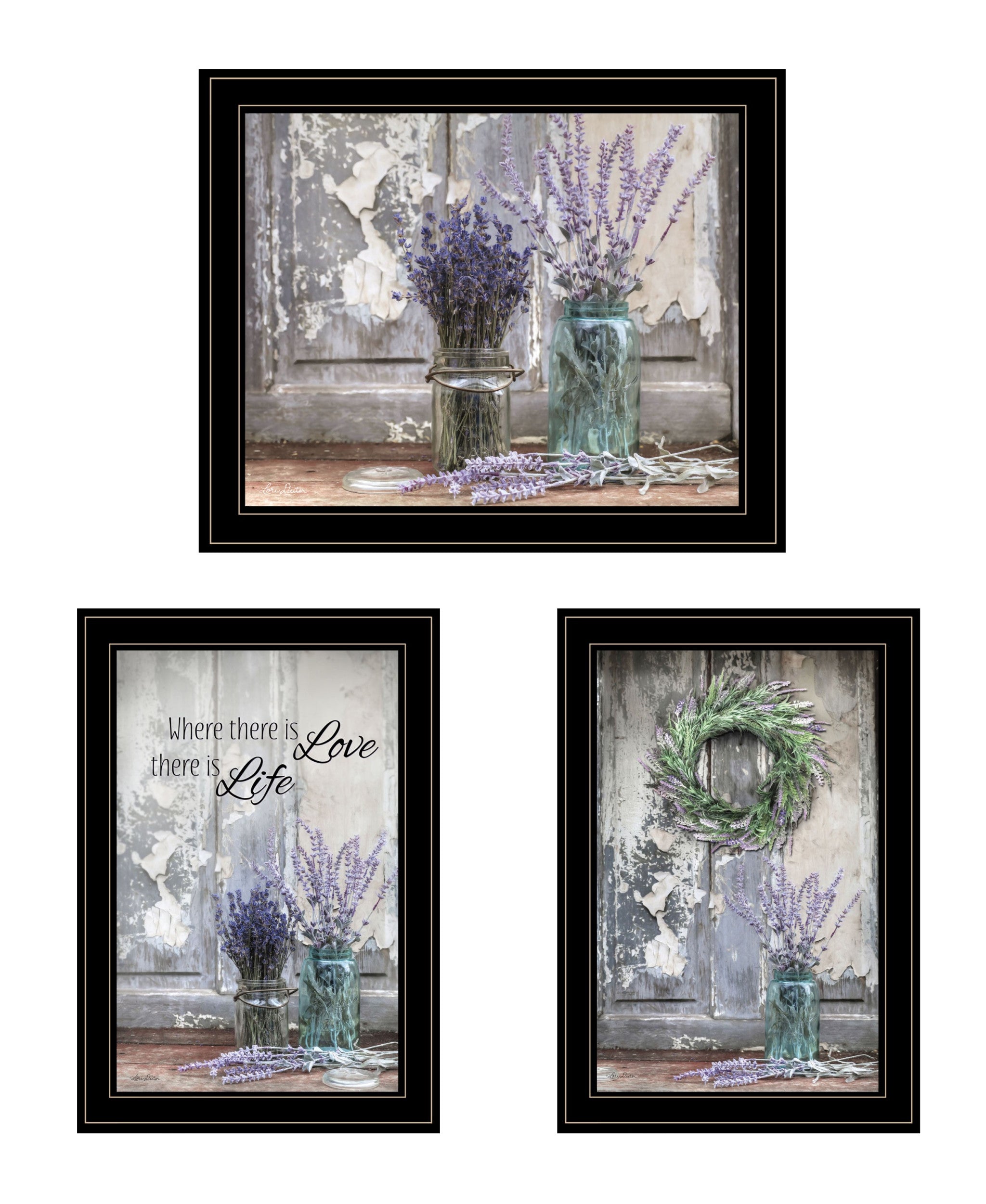 Set Of Three Love Life and Lavender Black Framed Print Wall Art