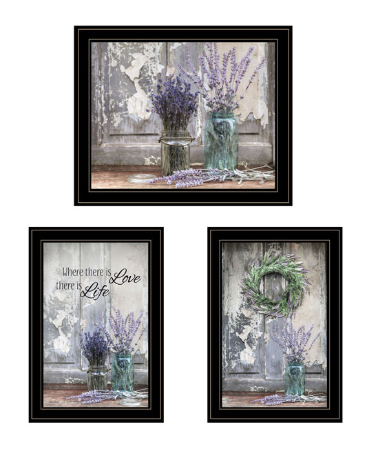 Set Of Three Love Life and Lavender Black Framed Print Wall Art