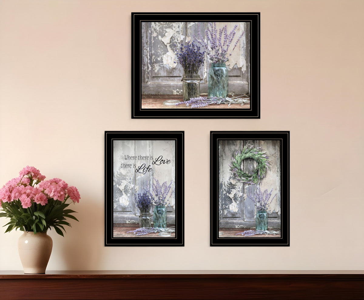 Set Of Three Love Life and Lavender Black Framed Print Wall Art