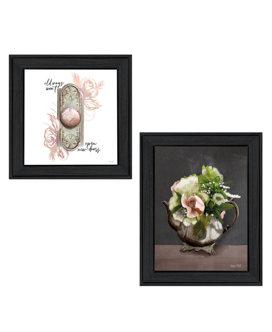 Set Of Two Vintage Floral Tea Pot and Door Knob Black Framed Print Kitchen Wall Art