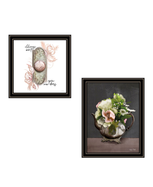 Set Of Two Vintage Floral Tea Pot and Door Knob Black Framed Print Kitchen Wall Art