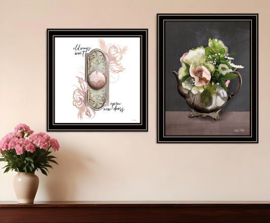 Set Of Two Vintage Floral Tea Pot and Door Knob Black Framed Print Kitchen Wall Art