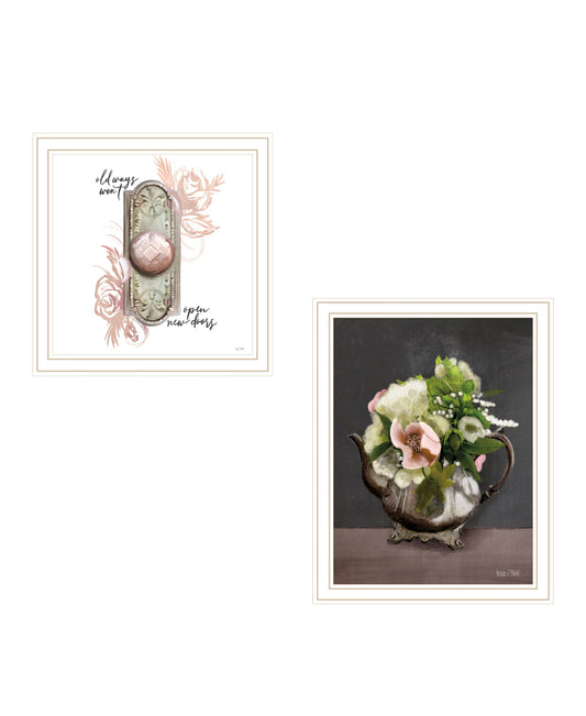 Set Of Two Vintage Floral Tea Pot and Door Knob White Framed Print Kitchen Wall Art