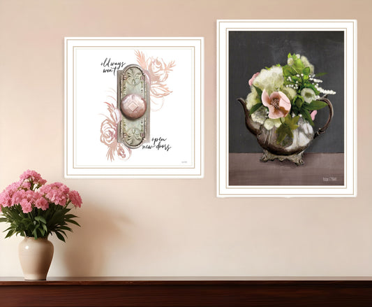 Set Of Two Vintage Floral Tea Pot and Door Knob White Framed Print Kitchen Wall Art