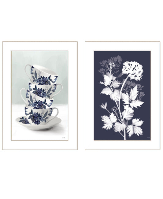 Set Of Two Tea Towers with Flowers Blue White Framed Print Kitchen Wall Art - Homeroots