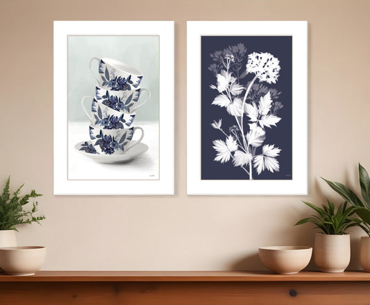 Set Of Two Tea Towers with Flowers Blue White Framed Print Kitchen Wall Art - Homeroots