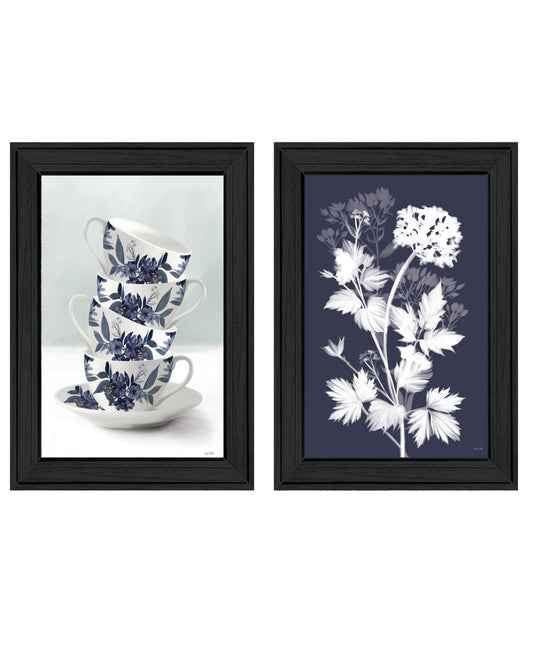 Set Of Two Tea Towers with Flowers Blue Black Framed Print Kitchen Wall Art