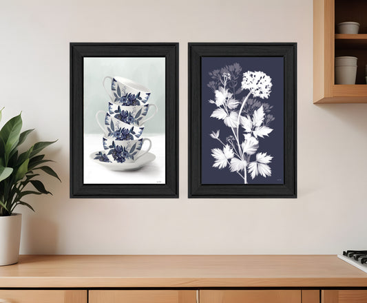 Set Of Two Tea Towers with Flowers Blue Black Framed Print Kitchen Wall Art