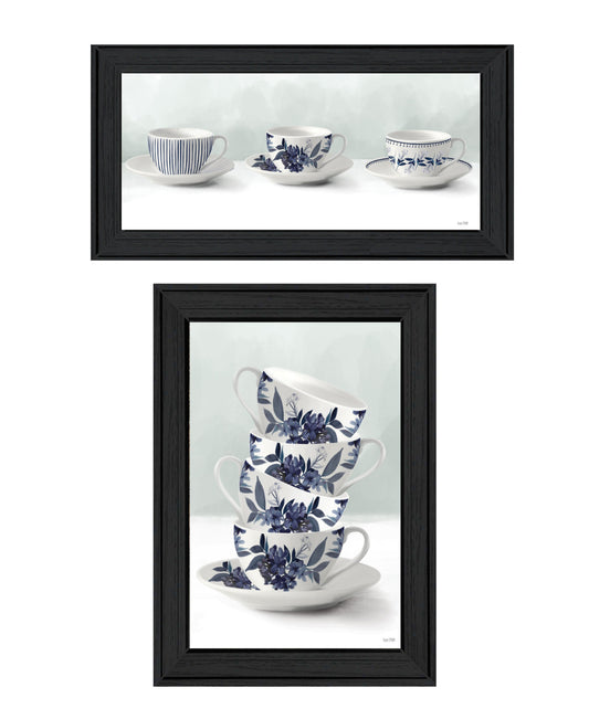 Set Of Two Tea tower with Cups and Sauces Black Framed Print Kitchen Wall Art