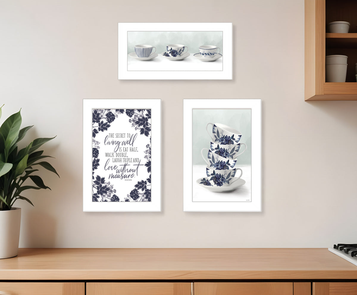 Set Of Three Tea tower with Cups and Sauces White Framed Print Kitchen Wall Art