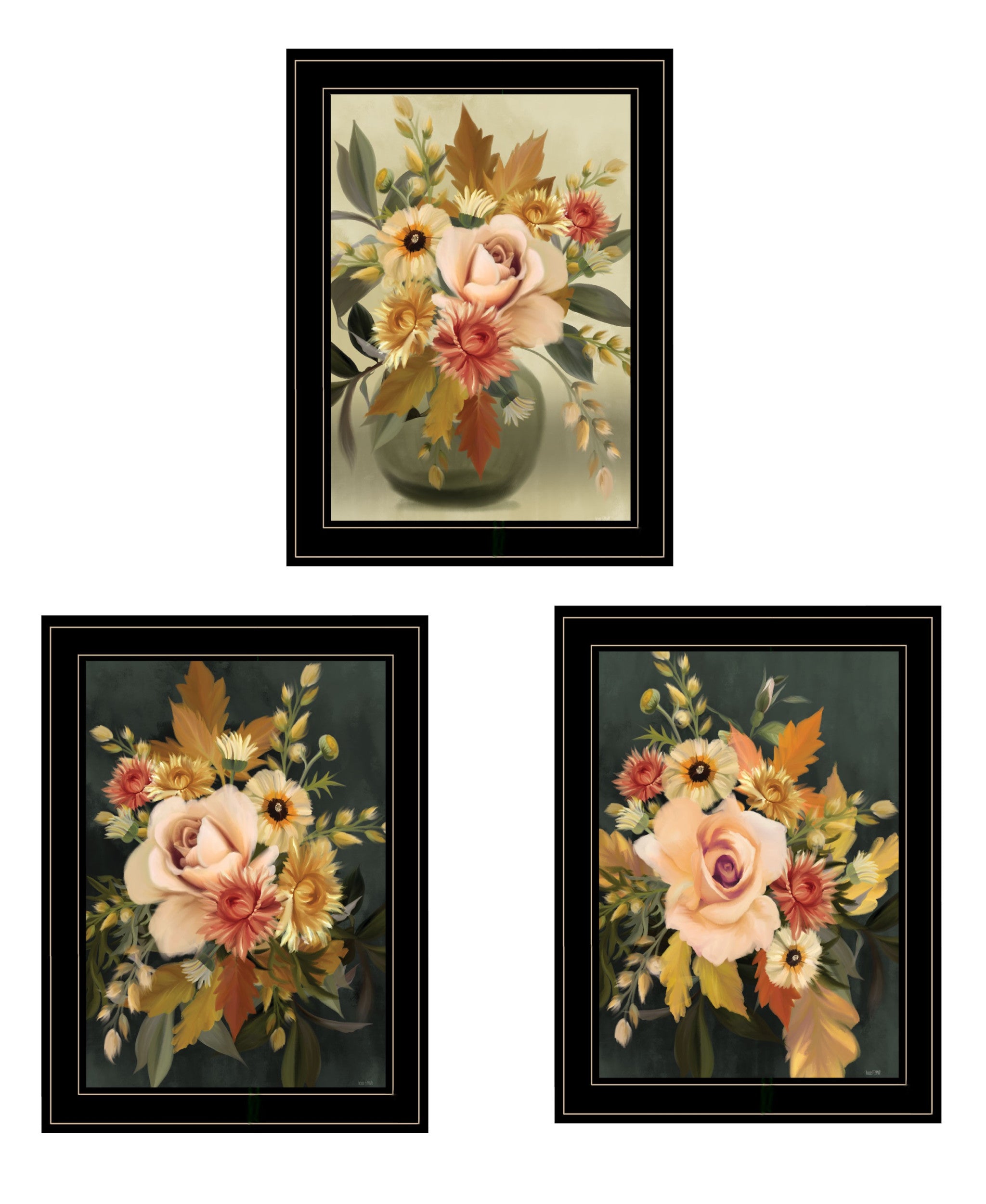 Set Of Three Romantic Autumn Black Framed Print Wall Art