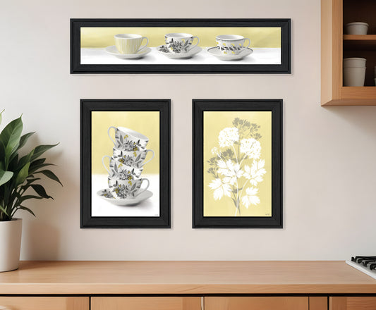 Set Of Three Tea Cups and Yellow Flowers Black Framed Print Kitchen Wall Art